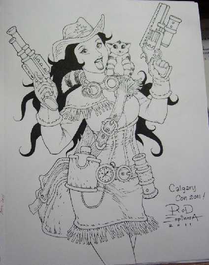 sketch of a steampunk cowgirl by rod espinoza