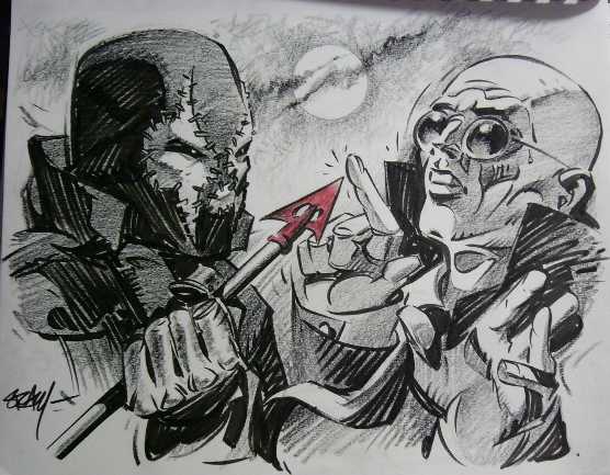 sketch of grendel and mr. x. facing off by ken steacy